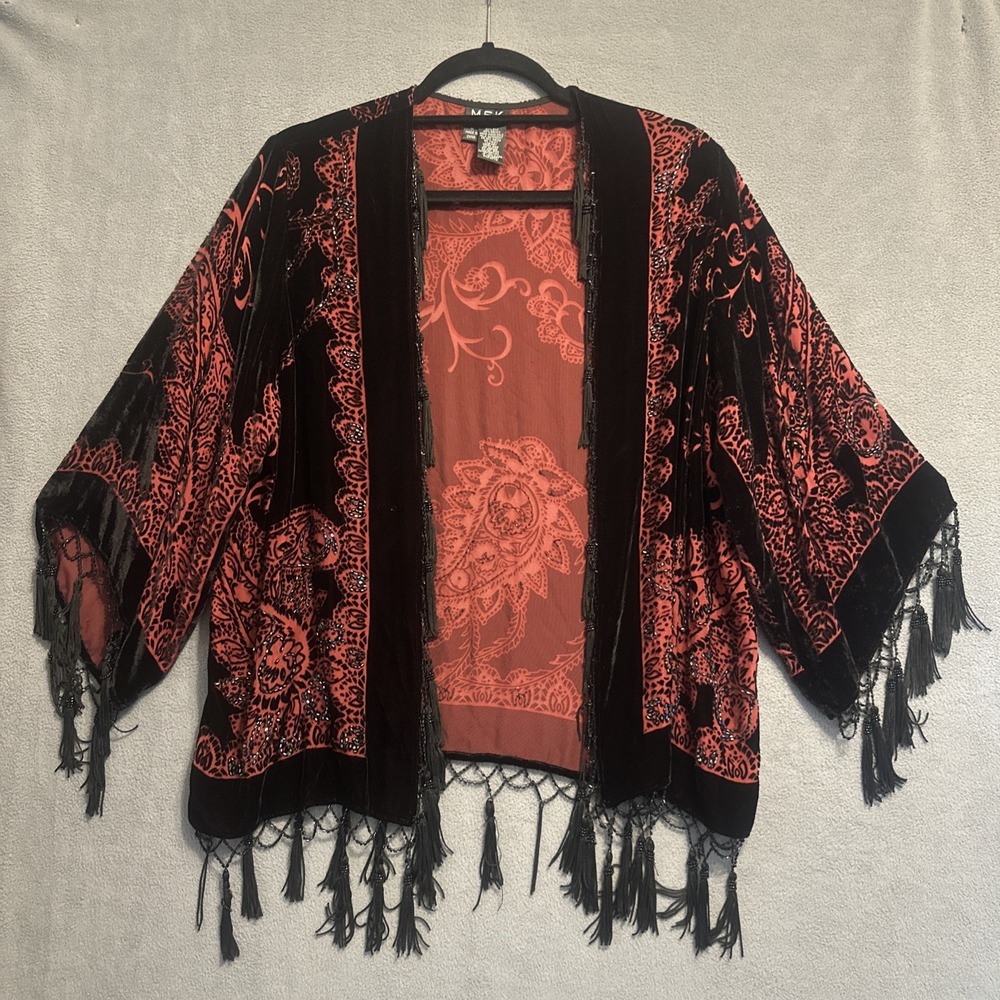 MSK Silk Burnout Velvet Topper Tasseled Size M Black Whimsigoth Fairy